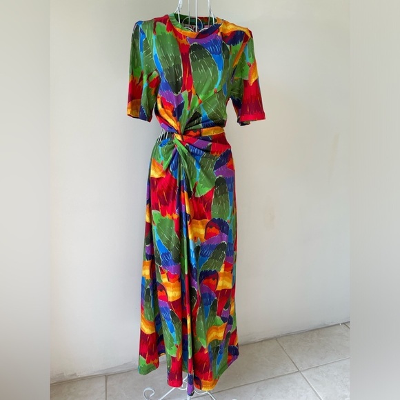 NWT Farm Rio Short-Sleeve Cutout t-shirt Midi Dress multicolor crew neck SZ XS - Picture 2 of 12